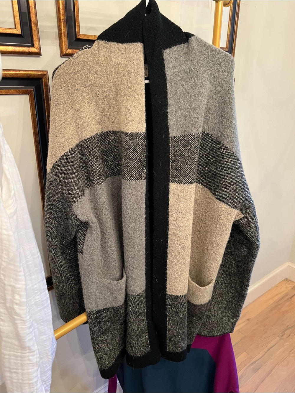lovestitch Open-Front Colorblock Cardigan in Gray, Cream & Black